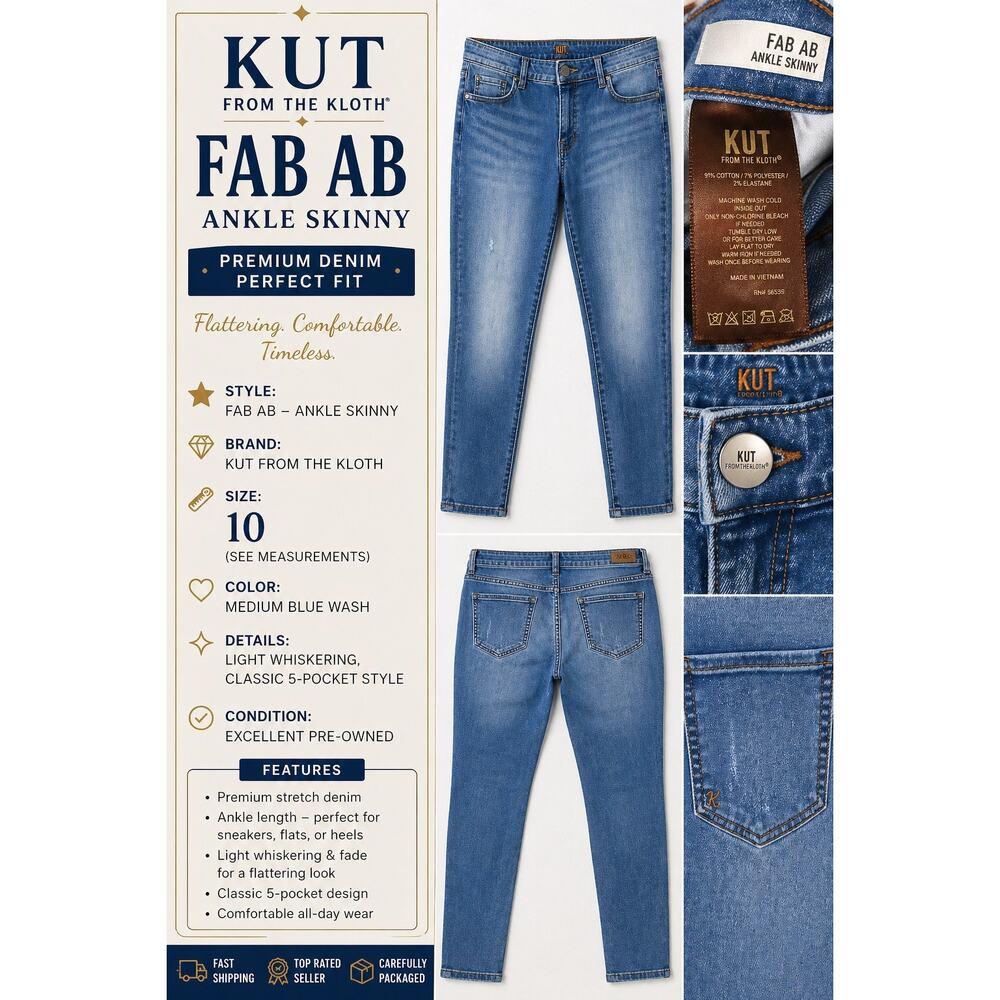 Kut From The Kloth Fab Ab Ankle Skinny Jeans 10 Blue Stretch Mid Rise Denim